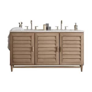 Portland 60 in. W x 23.5 in.D x 34.3 in. H Double Bath Vanity in Whitewashed Walnut with Marble Top in Carrara White