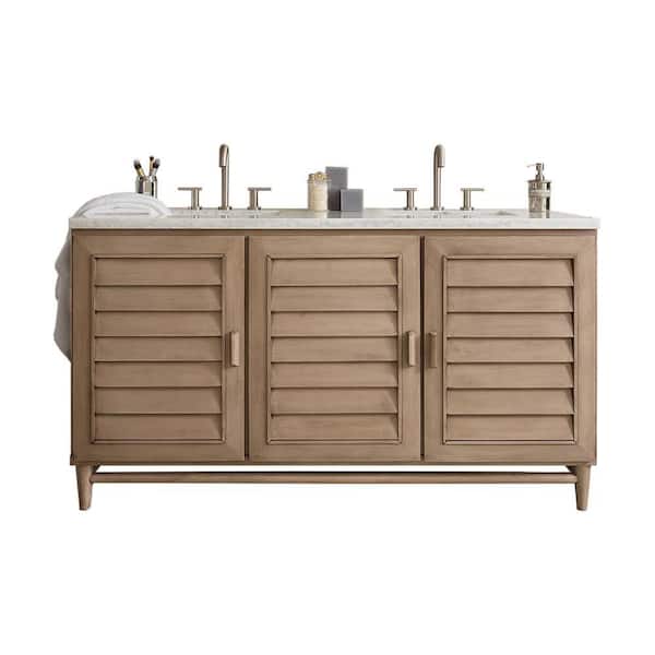 James Martin Vanities Portland 60 in. W x 23.5 in.D x 34.3 in. H Double Bath Vanity in Whitewashed Walnut with Marble Top in Carrara White