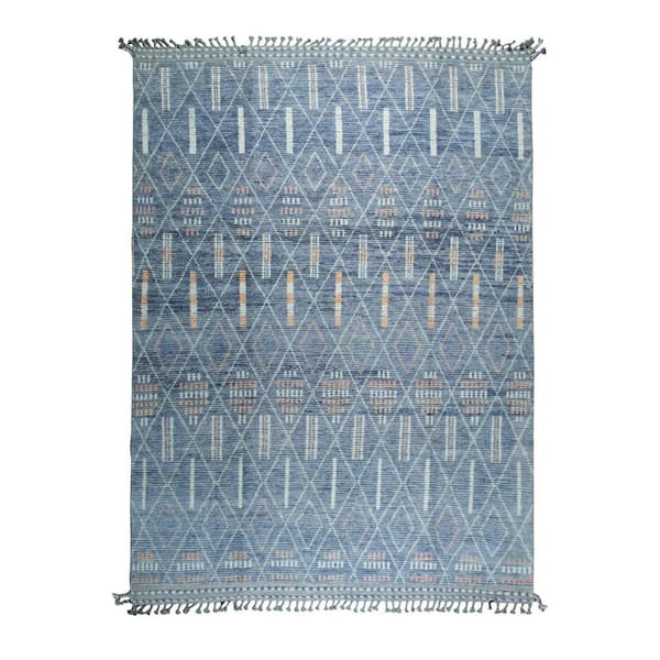 Blue Hand-Knotted Wool Contemporary Shapes Marrakech Handspun, Elegant and Stylish Rug 9 ft. x 12 ft. Area Rug