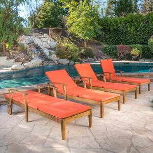 Perla Teak Brown Wood Outdoor Chaise Lounge with Orange Cushions (Set of 4)