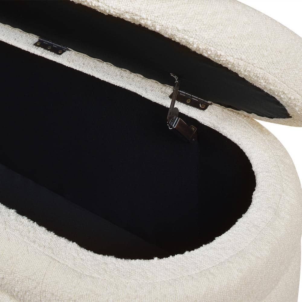 Ivory White Boucle 49" Upholstered Oval Storage Bench with Horizontal Tufting