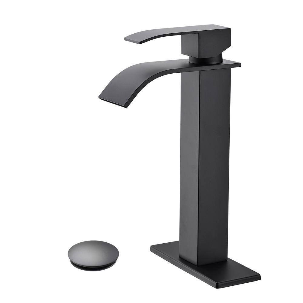 Single Handle Single Hole Bathroom Faucet with Pop-Up Drain Waterfall Spout Bathroom Sink Faucet in Matte Black price history on PriceWatchPro