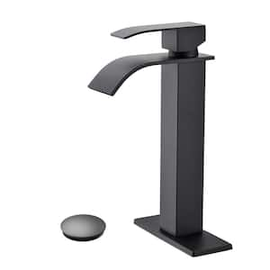 Single Handle Single Hole Bathroom Faucet with Pop-Up Drain Waterfall Spout Bathroom Sink Faucet in Matte Black