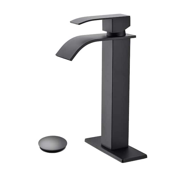 Lukvuzo Single Handle Single Hole Bathroom Faucet with Pop-Up Drain Waterfall Spout Bathroom Sink Faucet in Matte Black