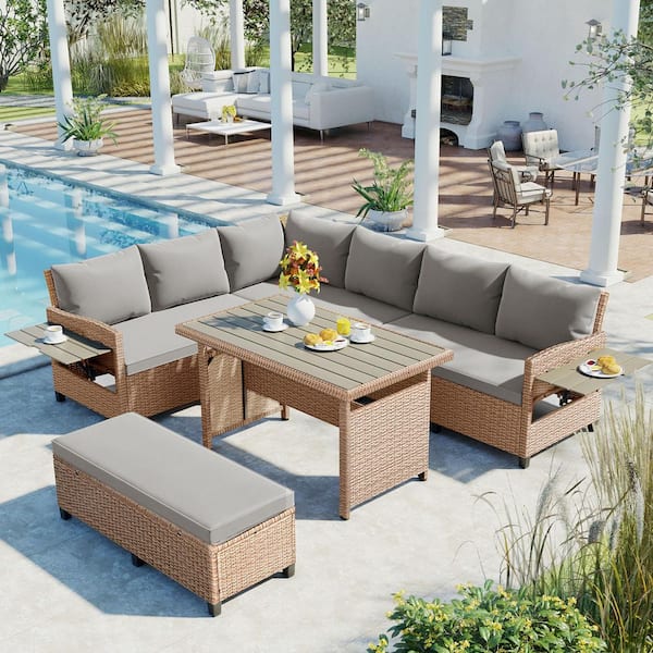 5 Piece Wicker Outdoor Sofa Set Sectional Sofa Set with Dining Table Brown Suitable for Backyard Cushions Brown