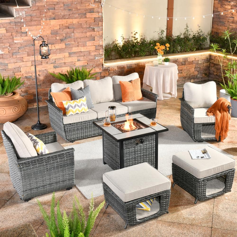 HOOOWOOO Echo Black 6-Piece Wicker Multi-Functional Patio Conversation ...