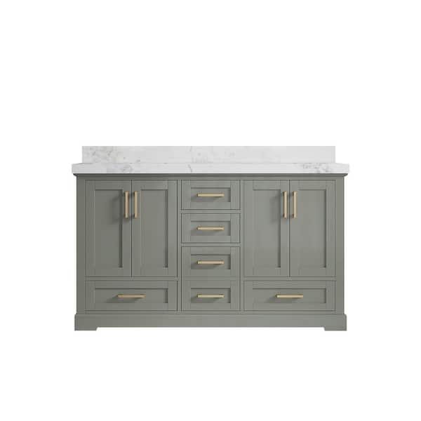 Willow Collections Boston 60 in. W x 22 in. D x 36 in. H Double Sink Bath Vanity in Evergreen with 2 in. Calacatta Nuvo Quartz Top