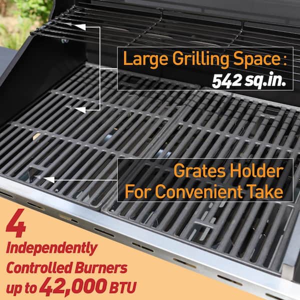 PHI VILLA THD-E02GR001 4-Burner Portable Propane Gas Grill in Stainless Steel with Side Burner and Fixed Side Tables - 3