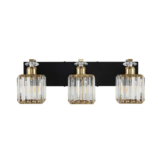 WINGBO 21.3 in. 3 Light Crystal Bathroom Vanity Light, Black Modern Bathroom Light Fixtures