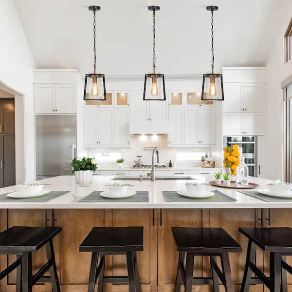Black and Gold Pendant Light, 1-Light Modern Drum Kitchen Island Pendant Lighting with Seeded Glass Shade