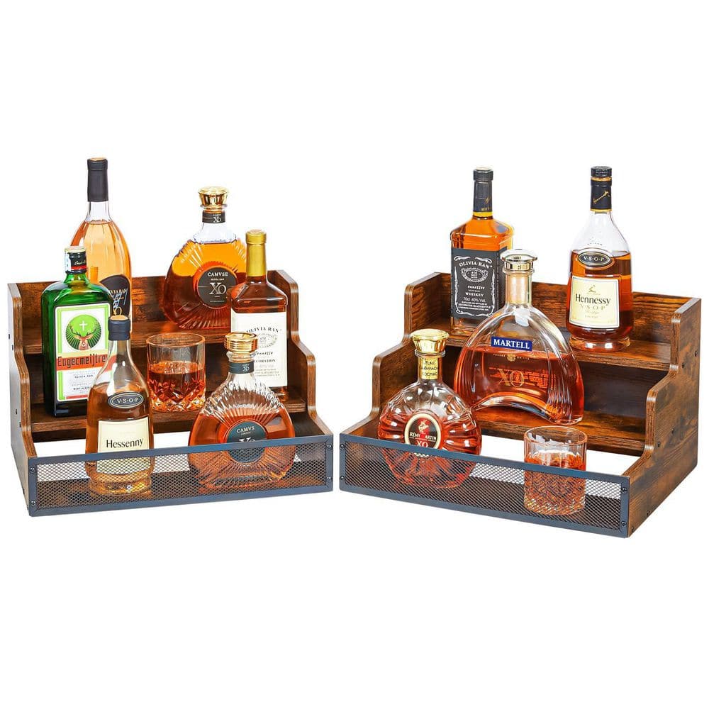2 Pack 3 Step Countertop Liquor-Bottle Wine Rack, Retro Brown Wood Bar Display Shelves with Fence for 12-Bottle price history on PriceWatchPro