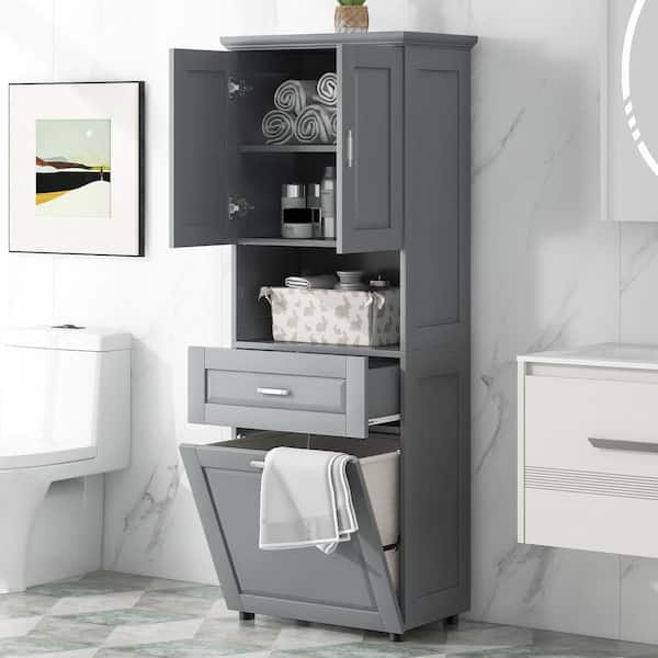 25 in. W x 16 in. D x 70 in. H Gray MDF Freestanding Linen Cabinet with Laundry Basket, Drawers, Adjustable Shelf