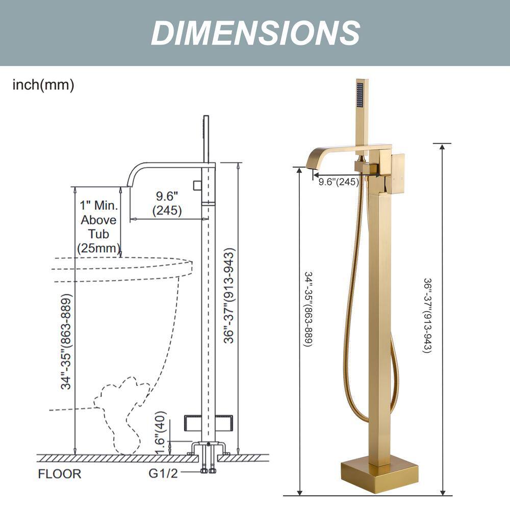 Gold Single Handle Floor Mounted Tub Filler with Handshower