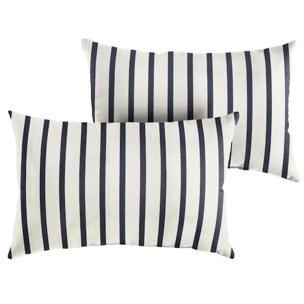 SORRA HOME Sunbrella Blue White Stripe Rectangular Outdoor Knife Edge Lumbar Pillows (2-Pack)