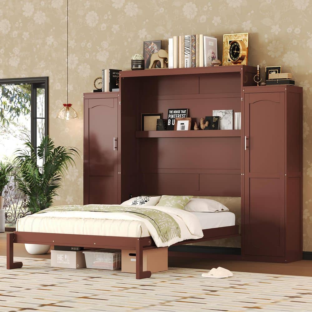 Harper & Bright Designs Walnut(Brown) Wood Frame Queen Size Murphy