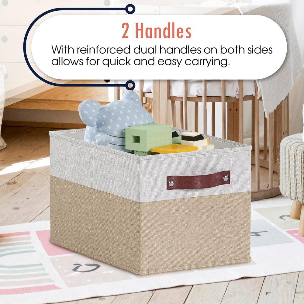 Extra Large White and Khaki Fabric Storage Bins with Faux Leather Handles - 3 Pack