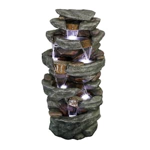 40.6 in. Resin Fiber Outdoor Relaxing Water Fountain, 6-Tier Stone-Liking Waterfall Fountain with LED Lights for Garden