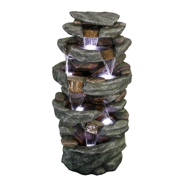 Watnature 40.6 in. Resin Fiber Outdoor Relaxing Water Fountain, 6-Tier Stone-Liking Waterfall Fountain with LED Lights for Garden