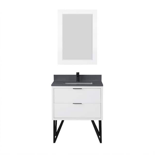 Helios 30 in. W x 22 in. D x 34 in. H Single Sink Bath Vanity in White with Gray Composite Stone Top and Mirror