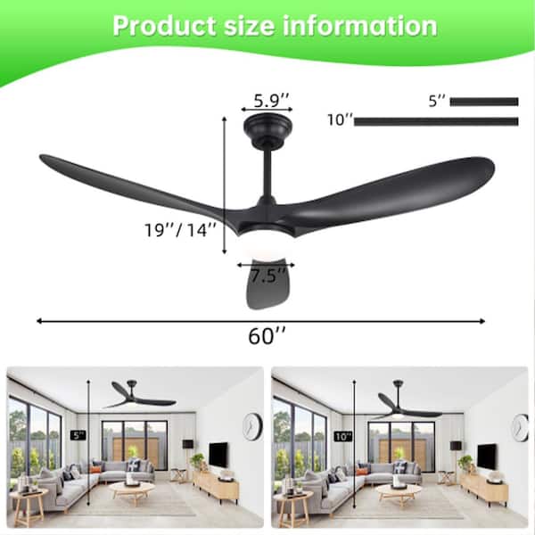 60 in. Indoor Downrod Mount Matte Black 3 ABS Blades Standard Ceiling Fan with Remote 6-Speed, DC Motor Reversible