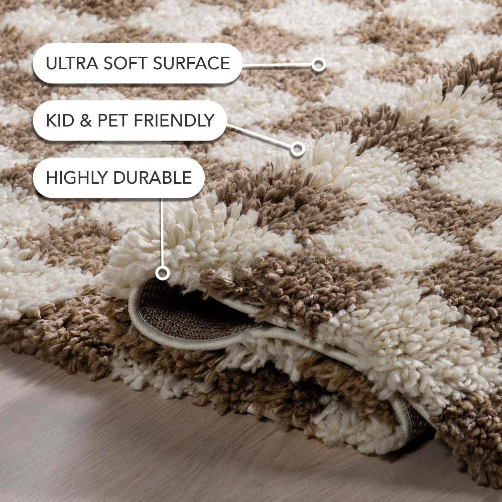 Adelaide Beige and Brown Synthetic Checkered Shag Area Rug 10' x 13'