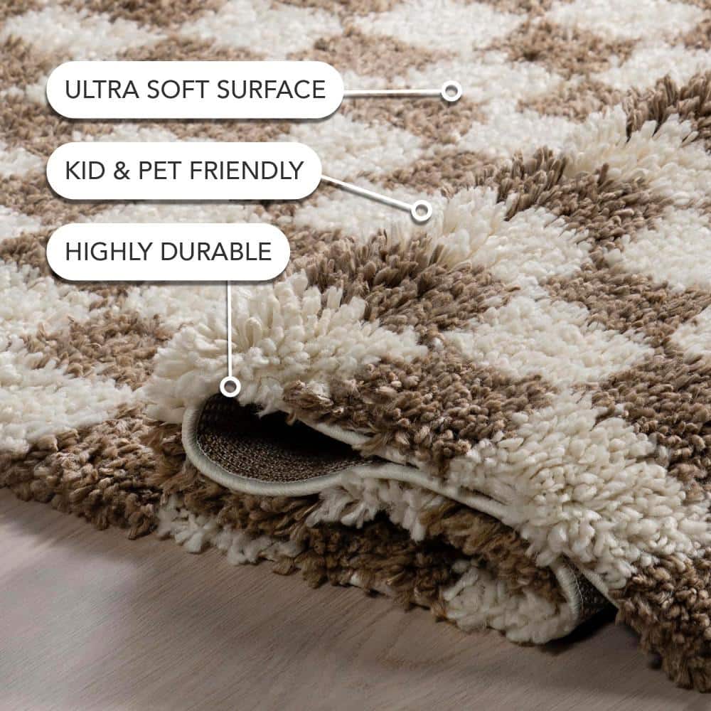 Beige and Brown Checkered Rectangular Shag Rug 3x5