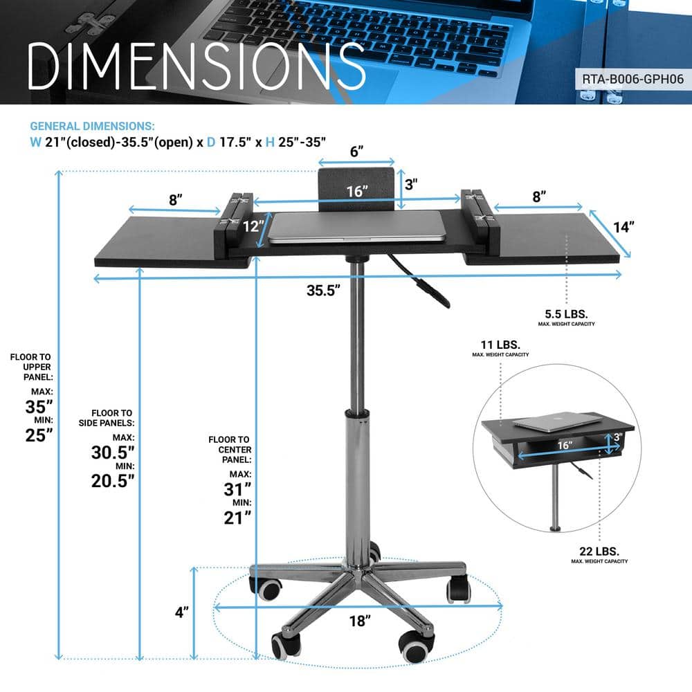 Adjustable Height Black Foldable Laptop Cart with Wood Panels