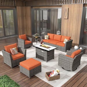 Vesta Gray 10-Piece Wicker Outerdoor Patio Rectangular Fire Pit Set with Orange Cushions and Swivel Rocking Chairs