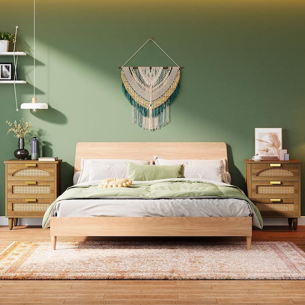 BYBLIGHT Fenley Brown 3-Drawers 19.7 in. Nightstand Bedside Table Bedroom Night Stand Rattan Sofa End Table with Storage