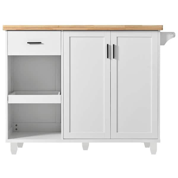 Unbranded White Kitchen Cart with Natural Wood Top with Cabinets