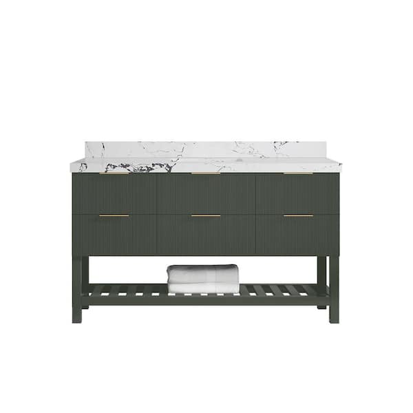 Willow Collections Catalina 60 in. Single Sink Freestanding Pewter Green Bath Vanity with Viola Night Qt. Top Unassembled