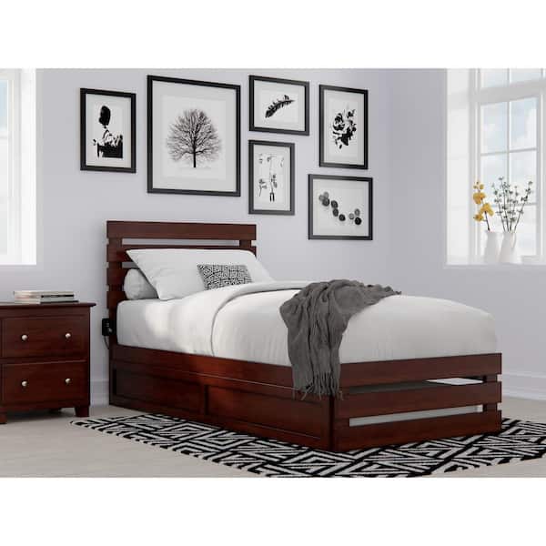 AFI Oxford in Walnut Twin Extra Long Bed with Footboard and USB Turbo Charger with Twin Extra Long Trundle