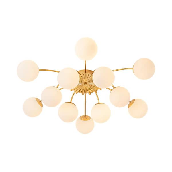 Ceder 12-Light 39.4 in. W Gold Semi-Flush Mount Sputnik Hanging Chandelier Light with Opal Glass for Living Room