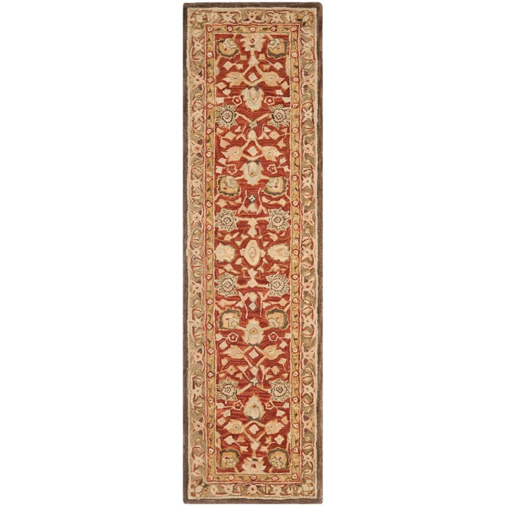 Handmade Rust and Green Floral Wool Runner Rug