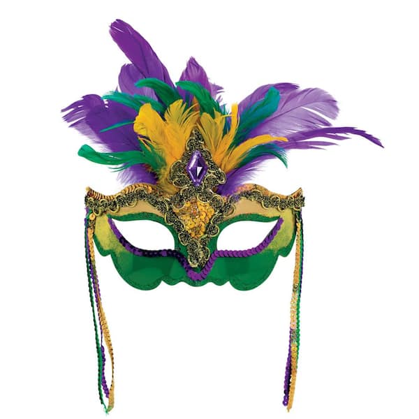 Amscan Green, Purple and Gold Feather, Sequin, Gem Mardi Gras Mask (2-Pack)  360056 - The Home Depot
