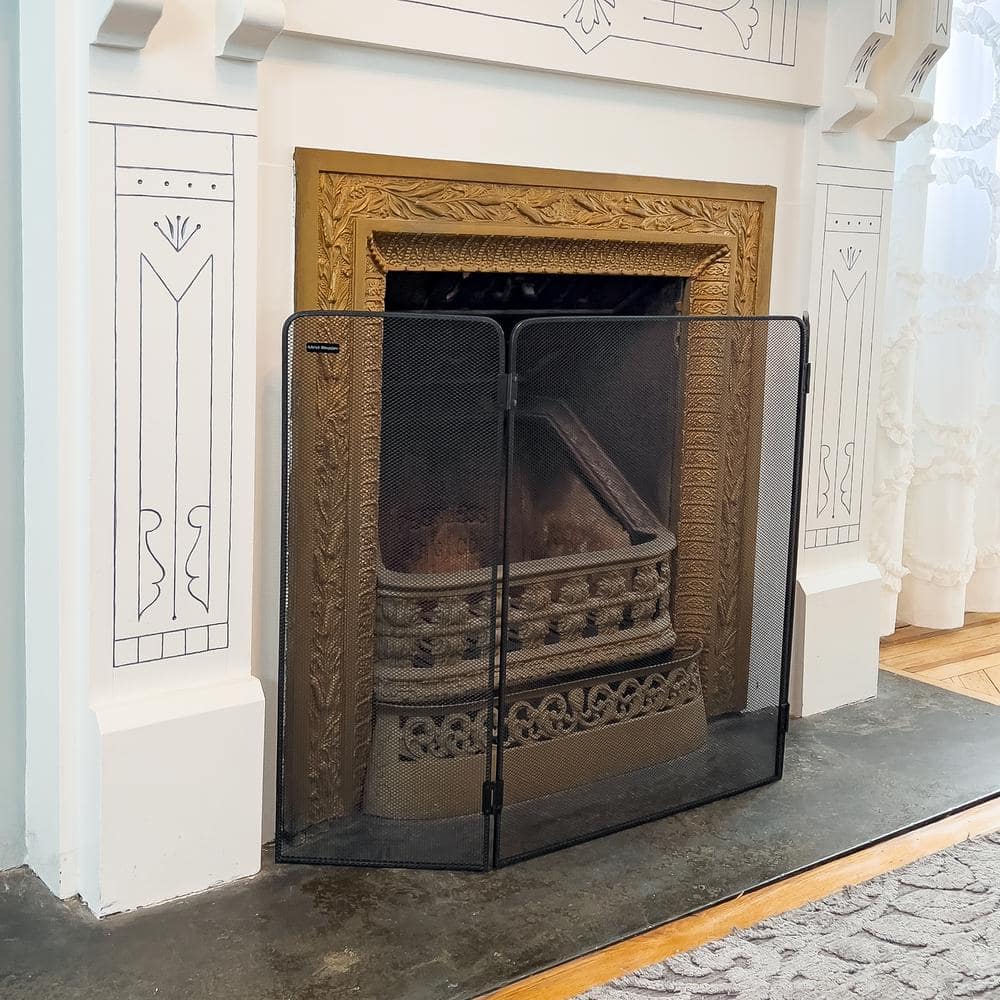 Black Metal Mesh Three-Panel Folding Fireplace Screen with Door