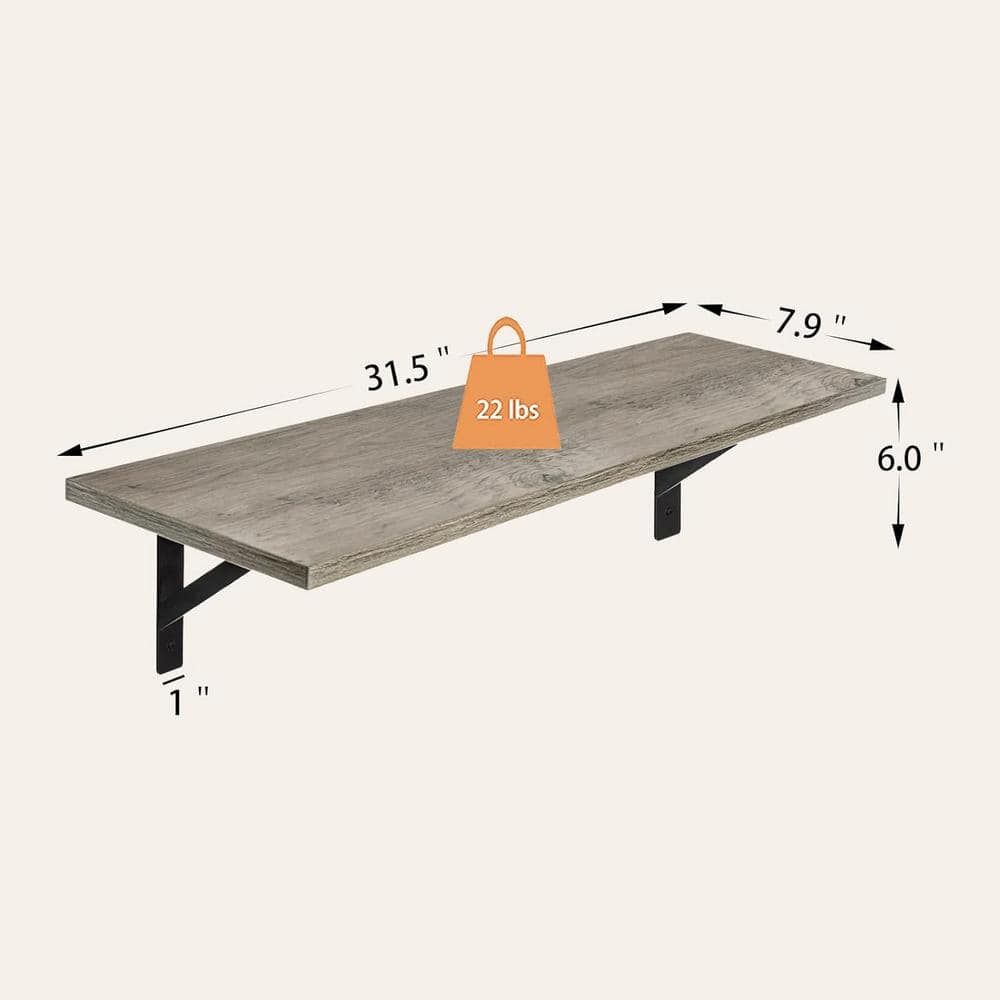 31.5 Inch Gray Particleboard Wall Shelves with Black Metal Brackets, Set of 2