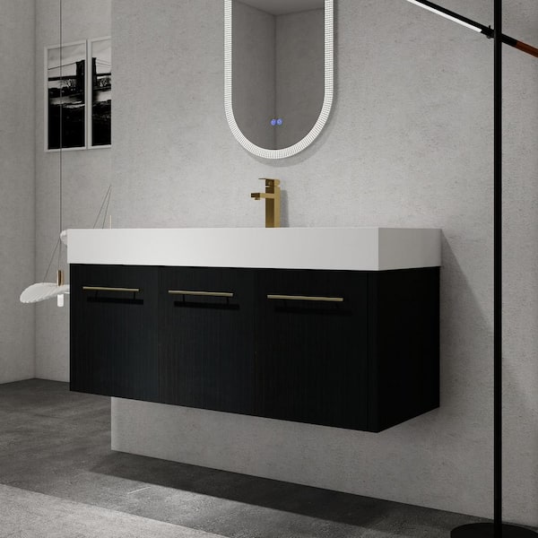 FAMYYT 48 in. W x 18.1 in. D x 22.4 in. H Single Sink Floating Bath Vanity in Black with White Thick Edged Resin Top and Basin