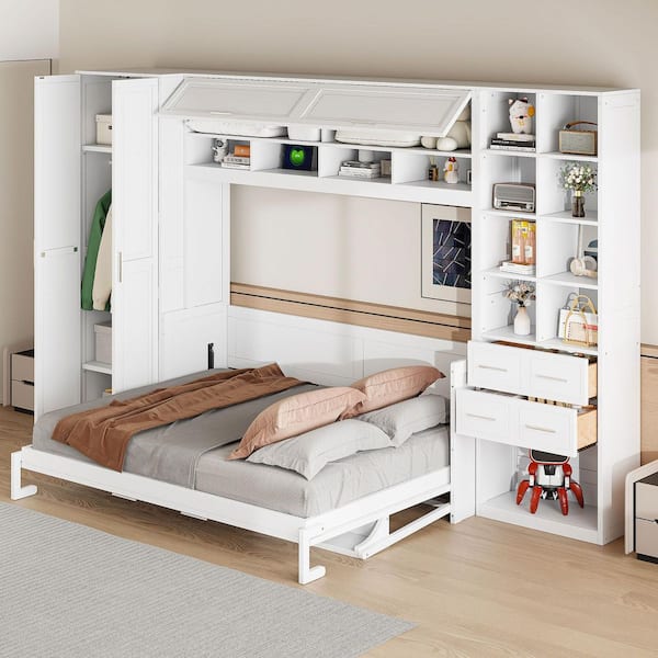 White Wood Frame Queen Size Murphy Bed with Built-in Tabletop, Closet, Drawers, Shelves, USB Charging