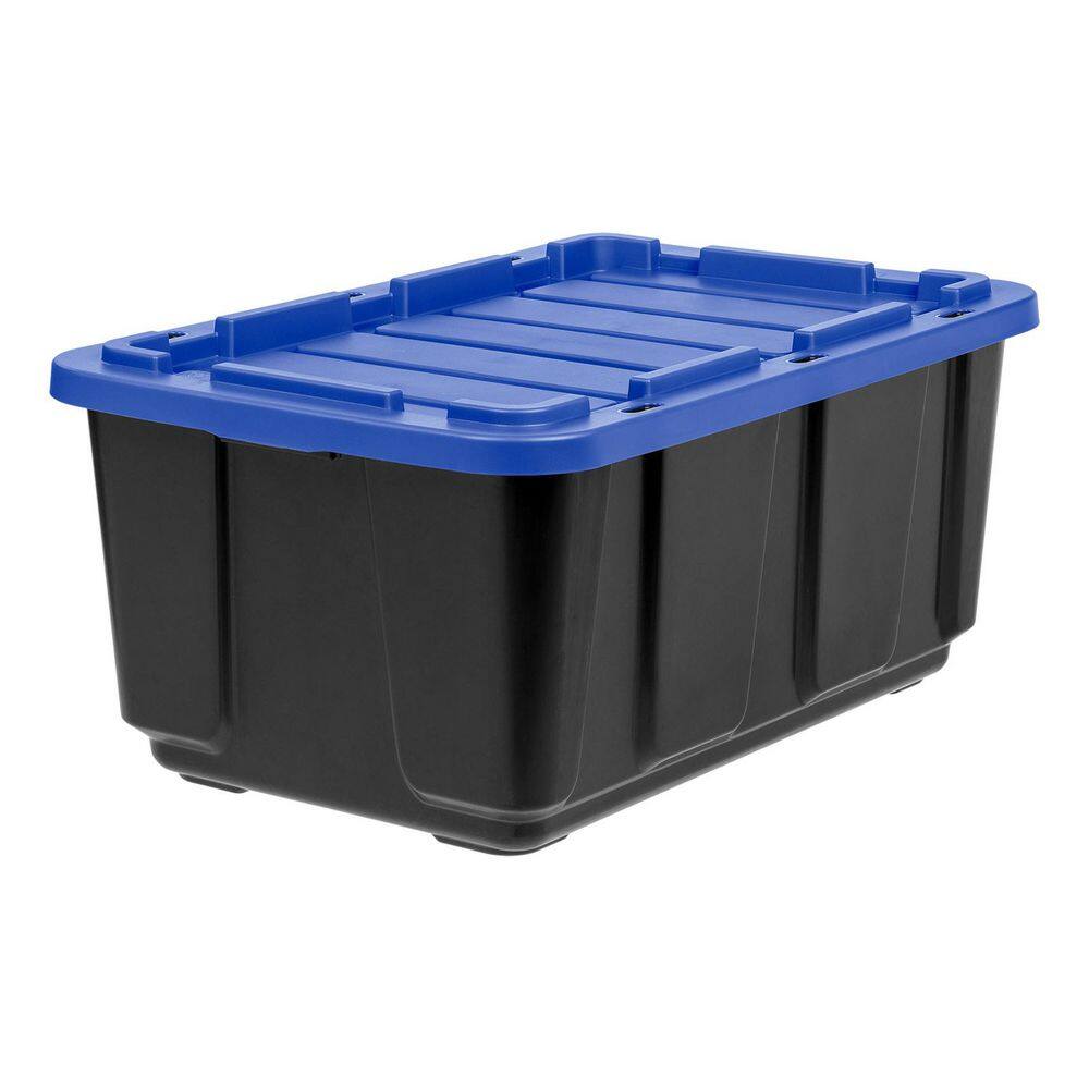 27 Gal Stackable Storage Totes with Lids, Black-Blue, 4Pk