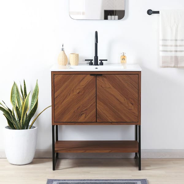Juhl 30 in. W x 18 in. D x 33 in. H Chevron-Front Modern Minimalist 2-Shelf Bath Vanity Cabinet without Top in Walnut