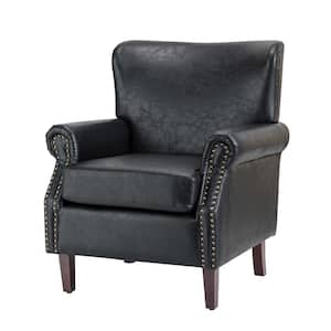 Enzo Traditional Comfy Vegan Leather Solid wood Legs Armchair with Nailhead Trim For Livingroom and Office -Black