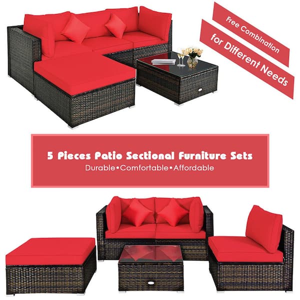 Costway 5 Piece Wicker Patio, Red Outdoor Furniture Sets