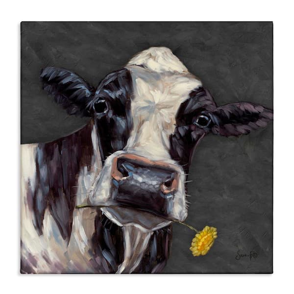Stupell Industries Cow with Yellow Daisy by Sara G. Designs Unframed Animal Graphic Art Print 17 in. x 17 in.