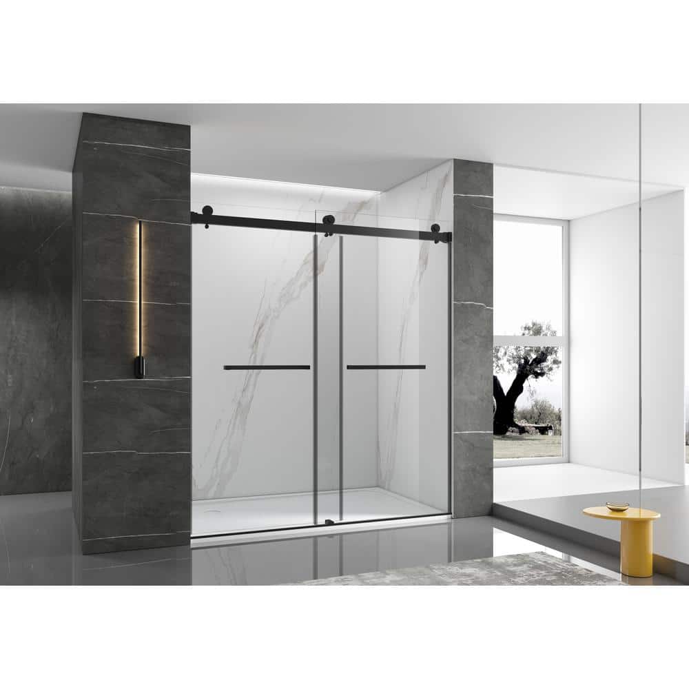60 in. W x 76 in. H Double Sliding Frameless Shower Door in Matte Black Fin