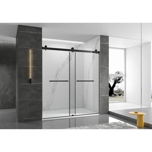 EPOWP 60 in. W x 76 in. H Double Sliding Frameless Shower Door in Matte Black Finish with Clear Glass