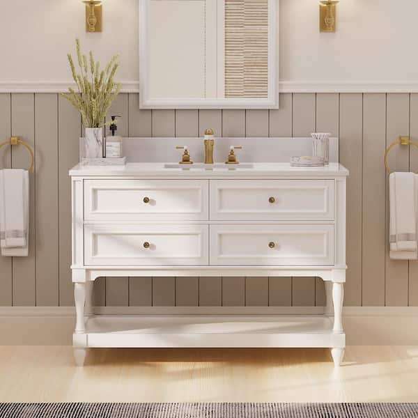 JEAREY 48 in. Single Sink White Freestanding Bath Vanity with 4-Drawers and White Marble Top (Assembled)