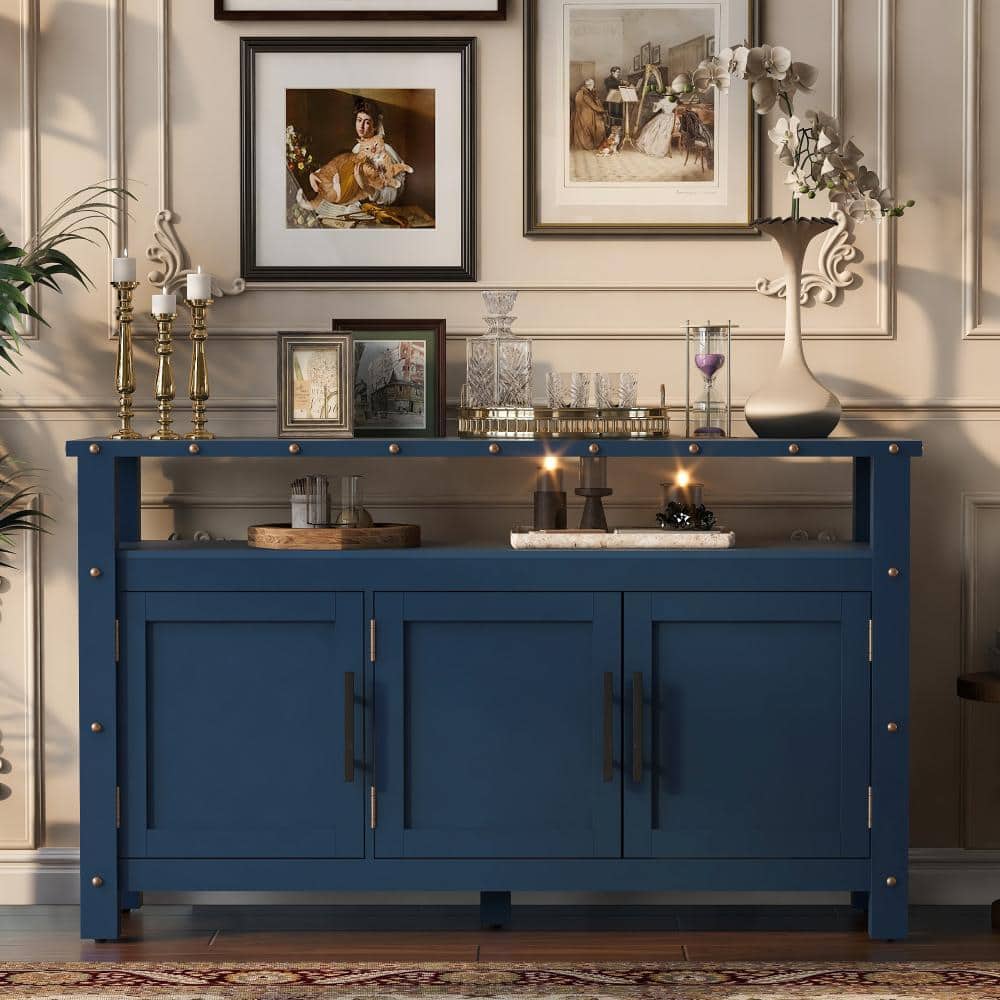 Navy Blue Wood 55.1 in. Buffet Sideboard Cabinet with 3 Doors, Metal Handles and Exposed Metal Rivets