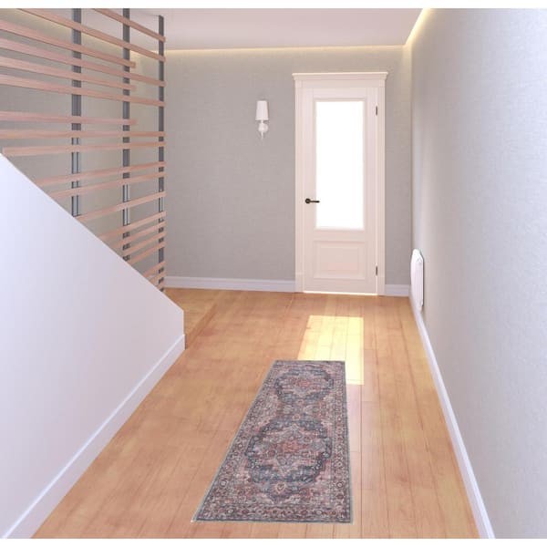 Red 2 ft. x 6 ft. Oriental Power Loom Distressed Washable Runner Rug