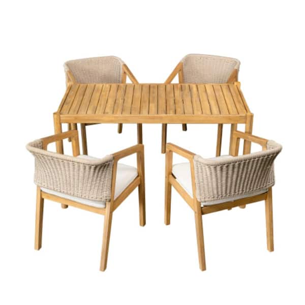 5-Piece Acacia Wood Outdoor Conversation Patio Furniture Set with Beige Cushions